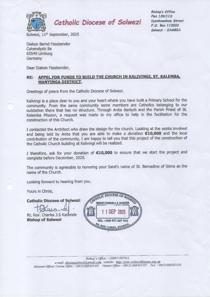 Bernd-Faßbender- Stiftung baut in Kalivingi die St. Bernadin Kirche für die dortigen Katholiken.