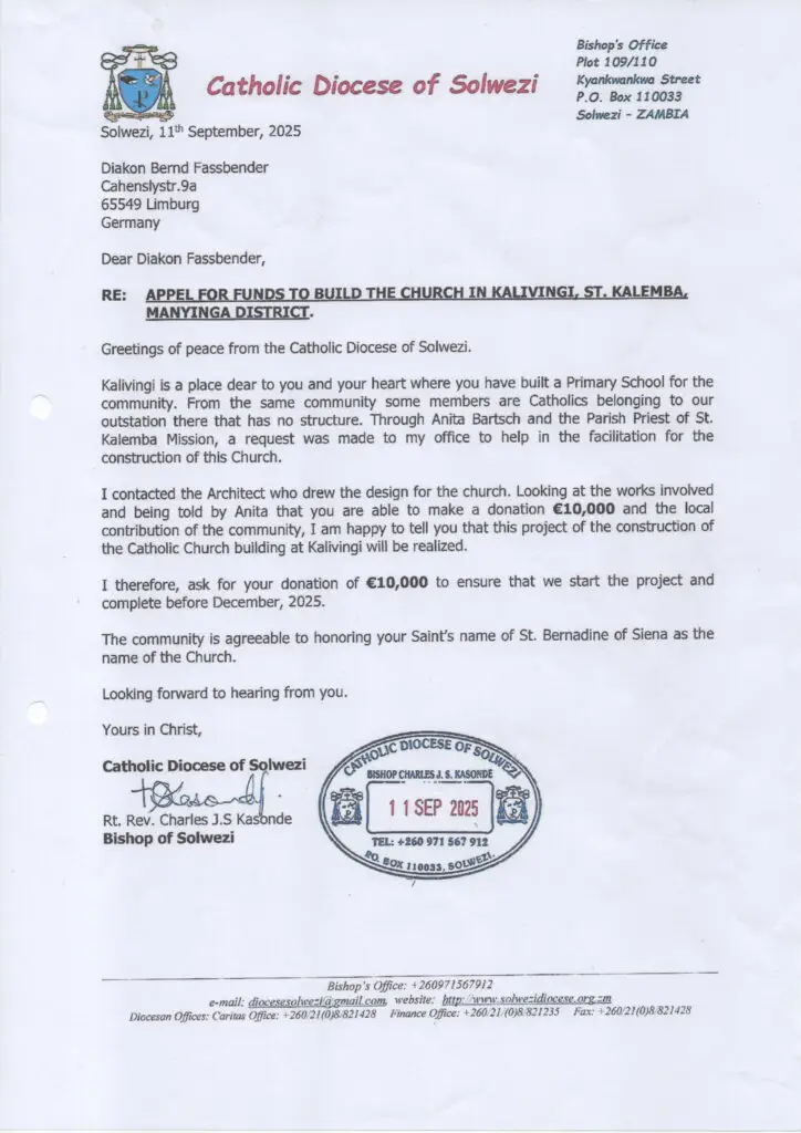 Bernd-Faßbender- Stiftung baut in Kalivingi die St. Bernadin Kirche für die dortigen Katholiken.