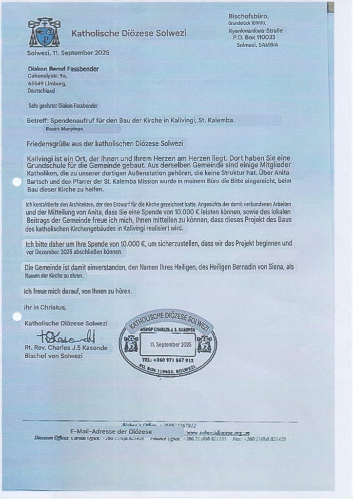 Bernd-Faßbender- Stiftung baut in Kalivingi die St. Bernadin Kirche für die dortigen Katholiken.